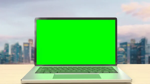 Wyświetlacz Notebooka Zielony Ekran Dachu Budynku Dla Obecnej Koncepcji Renderowania — Zdjęcie stockowe