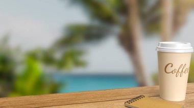 Arka plan 3D görüntüleme için masa tahtası üzerine kahve fincanı.