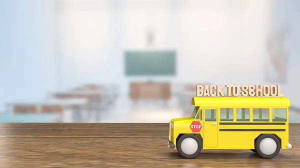 Schoolbus Houten Tafel Voor Terug Naar School Concept Rendering — Stockfoto