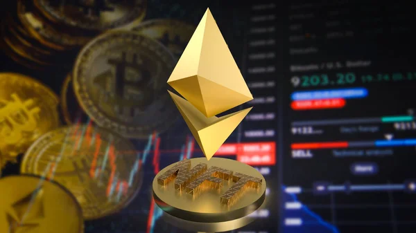 Gold Etherium Symbol Nft Coin Cryptocurrency Concept Rendering — Stock Photo, Image