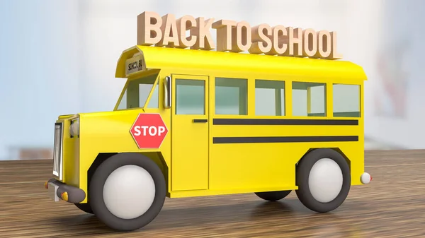 Schoolbus Houten Tafel Voor Terug Naar School Concept Rendering — Stockfoto