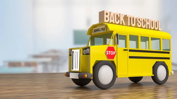 Schoolbus Houten Tafel Voor Terug Naar School Concept Rendering — Stockfoto