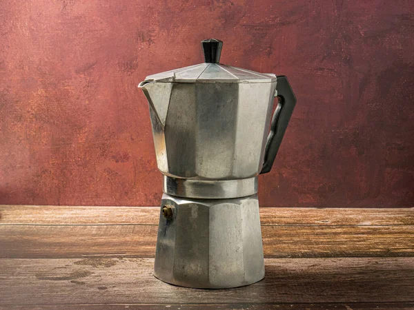 Moka Pot Wood Table Hot Drink Concept — Foto de Stock