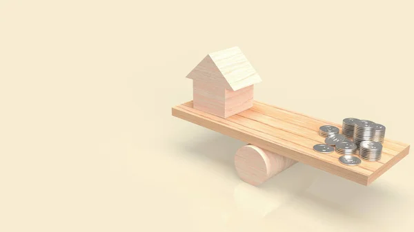 Wood Home Balance Money Coins Property Business Concept Rendering — Stok fotoğraf