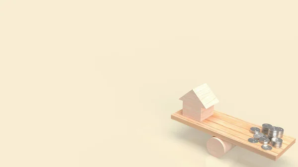 Wood Home Balance Money Coins Property Business Concept Rendering — 스톡 사진