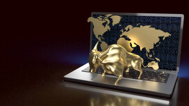 gold bull on notebook for business background 3d rendering