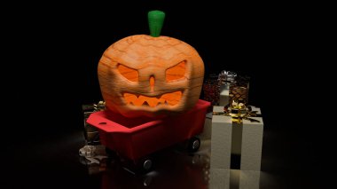 halloween pumpkin on trolley cart for holiday concept 3d rendering