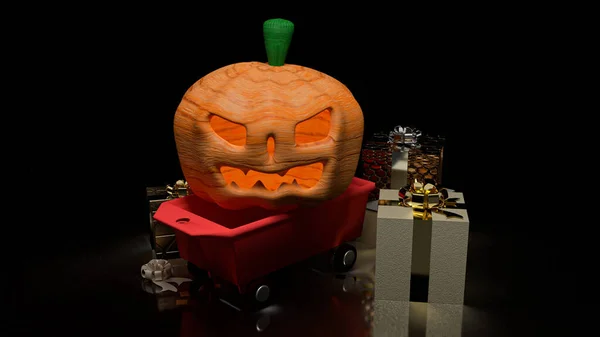 Halloween Pumpkin Trolley Cart Holiday Concept Rendering — Stock Photo, Image