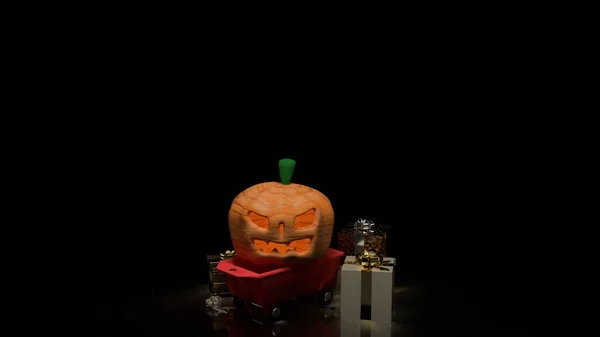 Halloween Pumpkin Trolley Cart Holiday Concept Rendering — Stok fotoğraf