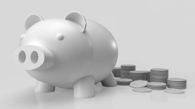 white piggy bank and coins on clear background  3d rendering