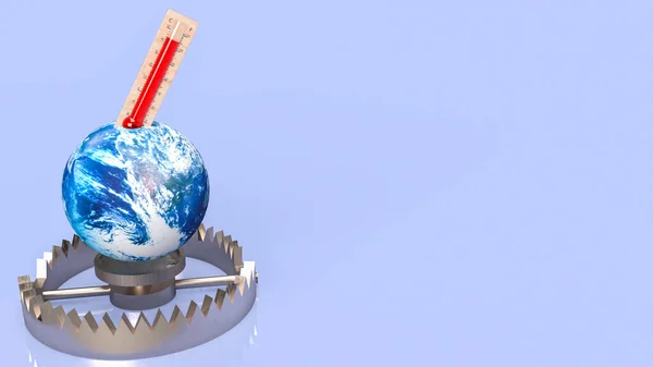 thermometer and earth on bear trap for eco or Climate change concept 3d rendering
