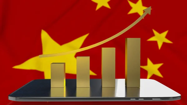 Gold Business Chart Tablet Chinese Flag Background Rendering — стоковое фото