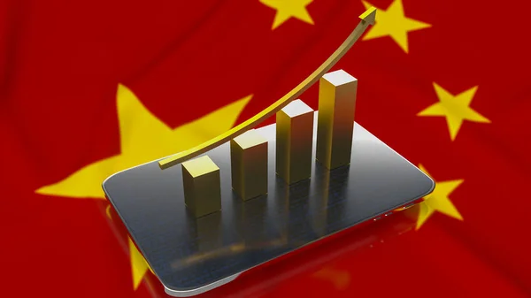 Gold Business Chart Tablet Chinese Flag Background Rendering — Stock Photo, Image