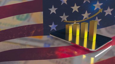 gold business chart and tablet on America flag background 3d rendering