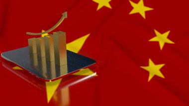 gold business chart and tablet on Chinese flag background 3d rendering