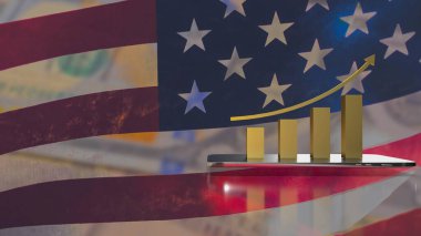 gold business chart and tablet on America flag background 3d rendering