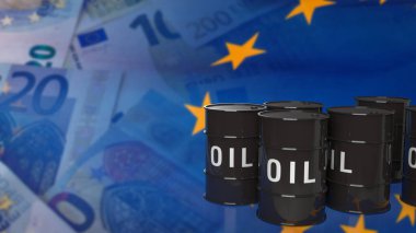 İş konsepti 3D yorumlaması için Euro bayrağı üzerine petrol tankları