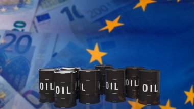 İş konsepti 3D yorumlaması için Euro bayrağı üzerine petrol tankları