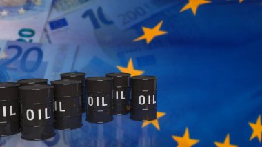 İş konsepti 3D yorumlaması için Euro bayrağı üzerine petrol tankları