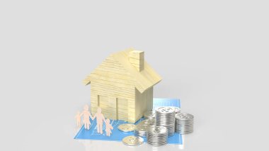 Mülkiyet veya yapı konsepti için ev ahşabı ve madeni paralar 3B oluşturma