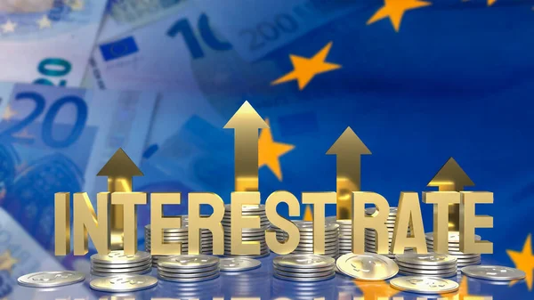 Zlatý Text Úroková Sazba Mince Euro Vlajka Pro Obchodní Koncept — Stock fotografie