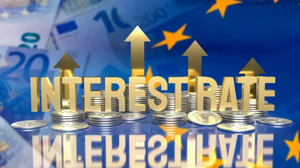 Zlatý Text Úroková Sazba Mince Euro Vlajka Pro Obchodní Koncept — Stock fotografie