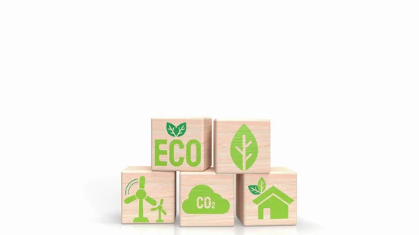 Éco Icône Sur Cube Bois Pour Écologie Concept Rendu — Photo