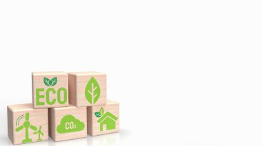 Ekoloji konsepti 3D oluşturma için odun küpü üzerine eko simge