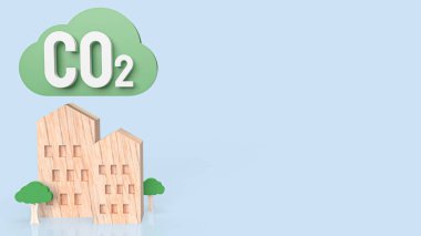 CO2 konsepti 3D görüntüleme için ev ahşabı ve yeşil bulut