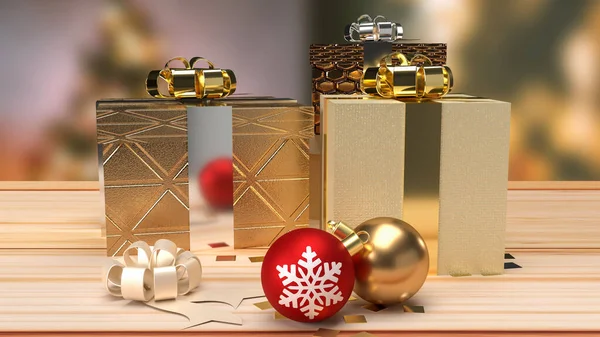 Christmas balls and gift box on wood table for holiday concept