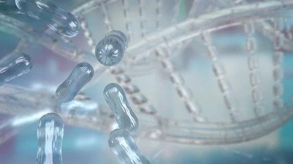 科学や教育の概念のための科学の背景にある細菌3Dレンダリング — ストック写真