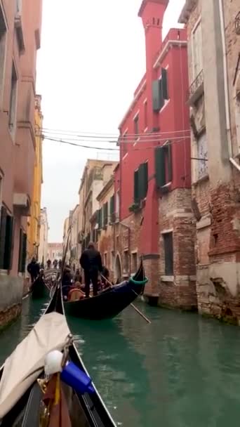 Езда на гондоле по старинным каналам или каналам Венеции, Италия — стоковое видео