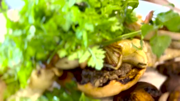 キノコのチェリートマトと健康アボカドトースト — ストック動画