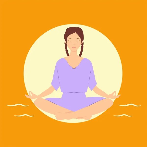 Girl Brown Hair Meditates Sunrise — Stock Vector