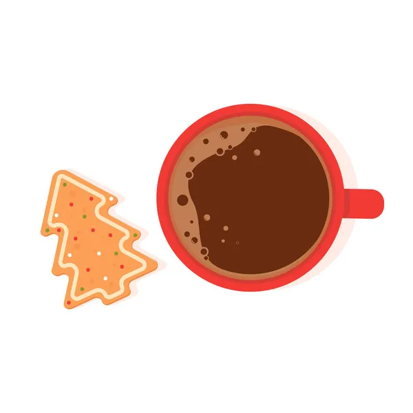 红杯热巧克力和圣诞树形状的姜饼 白色背景 矢量说明 — 图库矢量图片