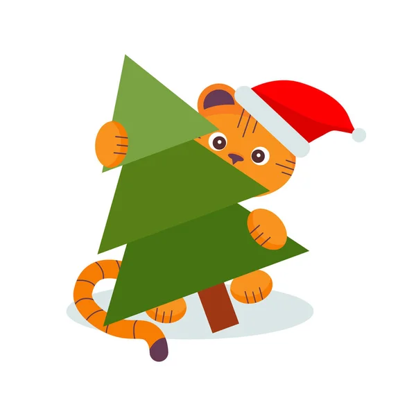 Lindo Tigre Gorra Roja Llevando Árbol Navidad Fondo Blanco Ilustración — Vector de stock