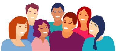 Birbirleriyle konuşan, gülen oğlanlar ve kızlar. Öğrenciler. Düz biçimli vektör illüstrasyonu