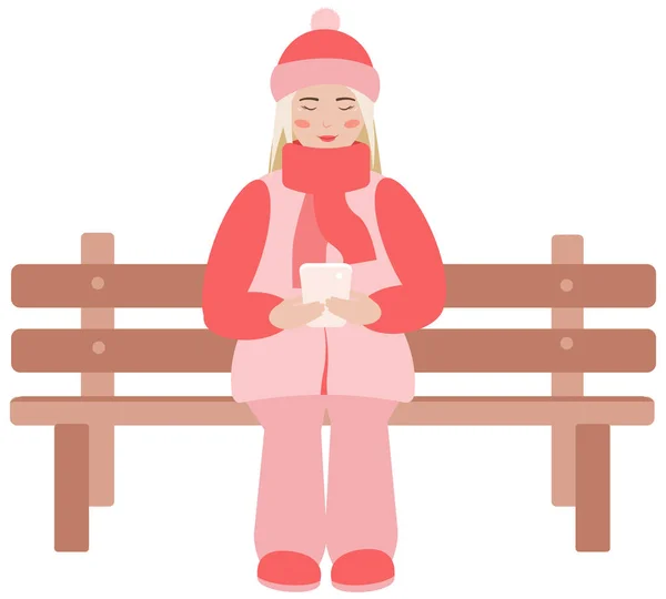 Dziewczyna Jasnymi Włosami Noszenia Zimowych Ubrań Smsowania Siedząc Ławce — Wektor stockowy