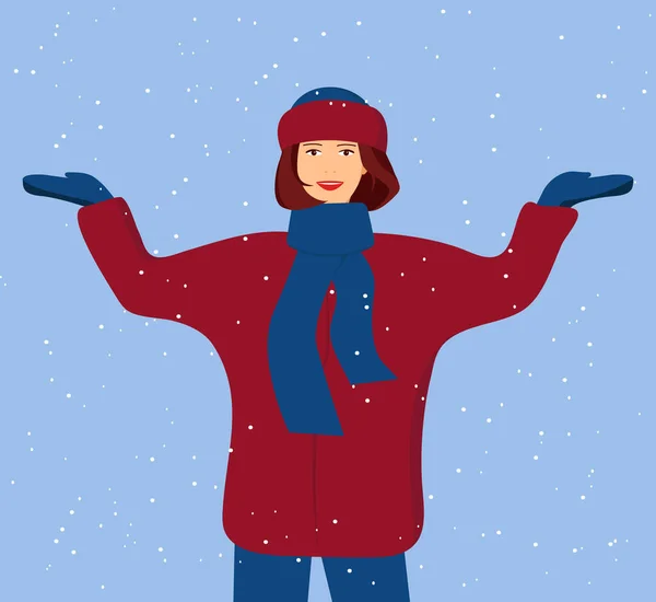 Chica Feliz Caminando Bajo Nieve Que Cae Ilustración Vector Estilo — Vector de stock