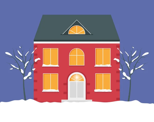 Verschneite Winternacht Einem Dorf Rotes Haus Mit Den Beleuchteten Fenstern Stockillustration