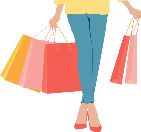 Beyaz kadın alışveriş torbaları taşıyor. Vektör çizimi. Düz biçim