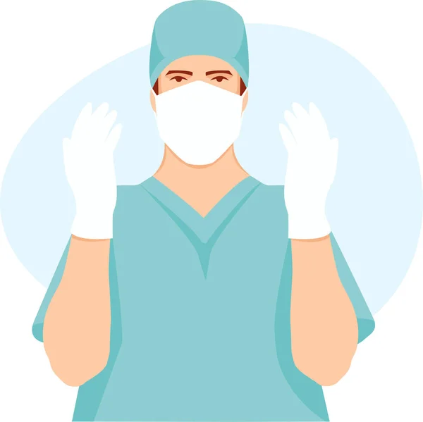 Chirurgien Uniforme Médical Bleu Gants Masque Fond Bleu Style Plat — Image vectorielle