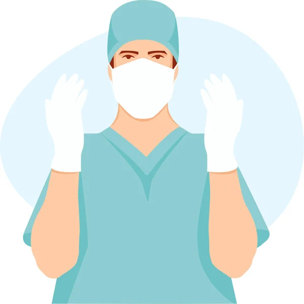 Cirujano Con Uniforme Médico Azul Guantes Máscara Fondo Azul Estilo — Vector de stock