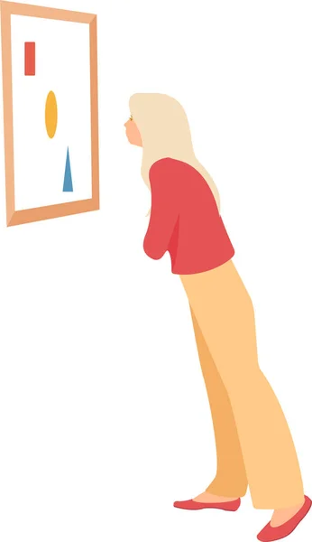 Güzel saçlı kız bir sanat galerisinde resme yakından bakıyor. Düz stil. Vektör illüstrasyonu