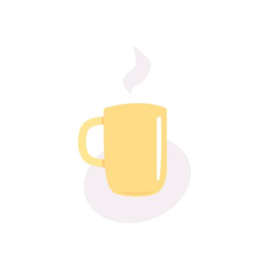 Sarı bardak ve üzerine yükselen sıcak içecekten çıkan buhar bulutu. Elips şeklinde bir arka plan. Düz vektör illüstrasyonu.