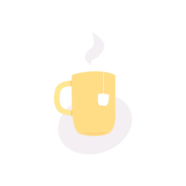 カップからぶら下がっているティーバッグから黄色のカップとラベル カップの上に上がる熱い飲み物から蒸気の雲 楕円形の背景 平面ベクトル図 — ストックベクタ