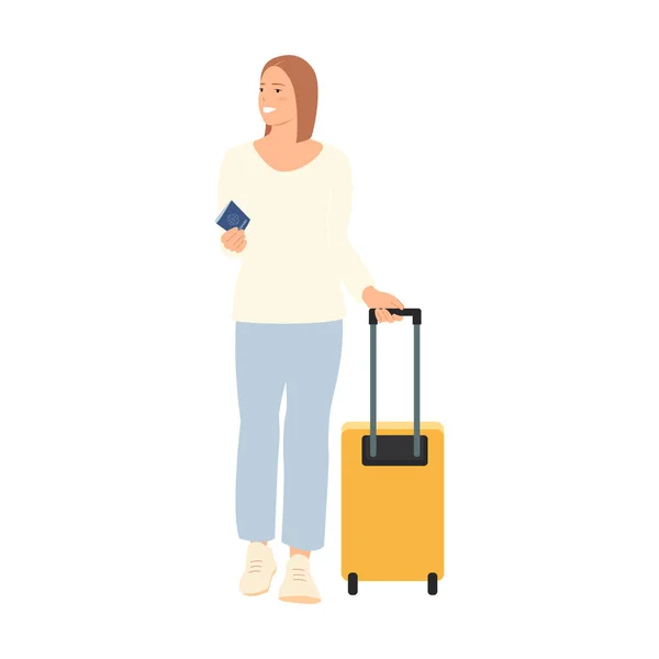 Joyeux Jeune Femme Tenant Passeport Valise Dans Ses Mains Voyageur — Image vectorielle