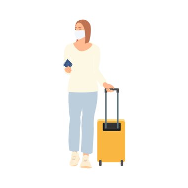 Sağlık maskesi takan, elinde pasaport ve bavul tutan mutlu genç bir kadın. Düz vektör illüstrasyonu.