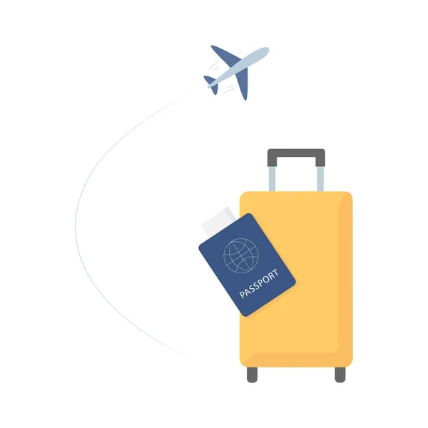 Yellow Suitcase Passport Ticket Airplane Flat Vector Illustration — 스톡 벡터