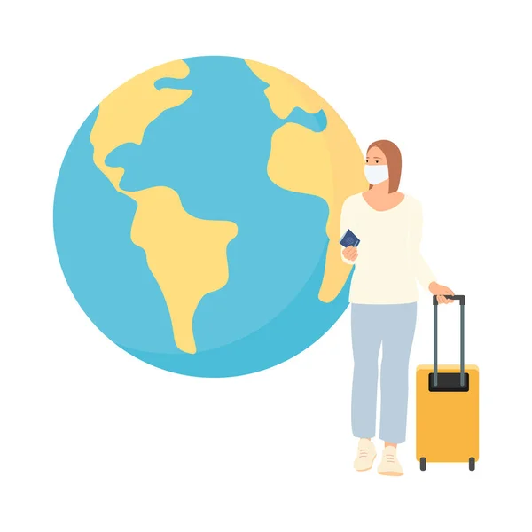 Sağlık maskesi takan, elinde pasaport ve bavul tutan mutlu genç bir kadın. Düz vektör illüstrasyonu.